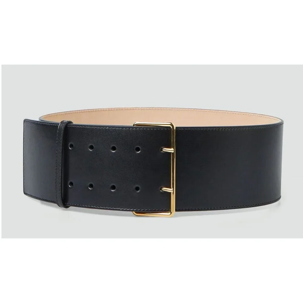 Alexander McQueen Black Leather Wide Belt with Gold Buckle